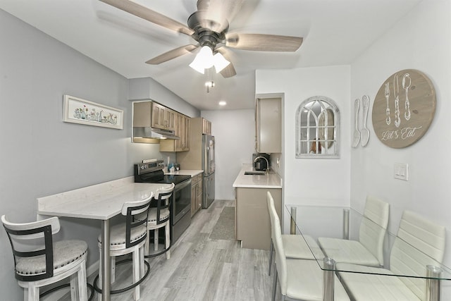 198 Millard Ave Unit 198, West Babylon, NY 11704 - kitchen featuring stainless steel appliances, a sink, light countertops, under cabinet range hood, and light wood-style flooring