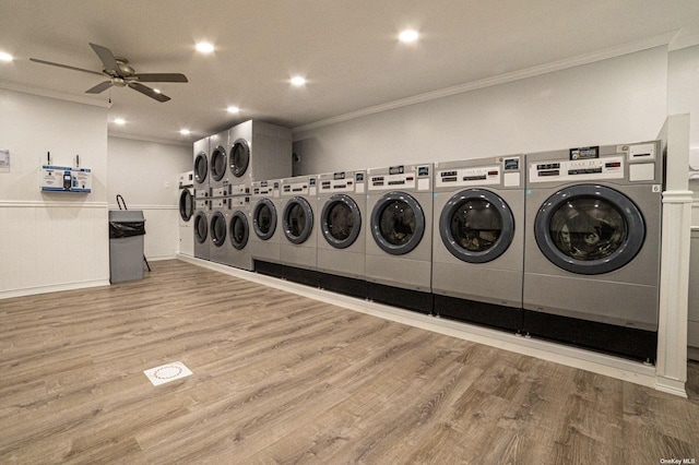 198 Millard Ave Unit 198, West Babylon, NY 11704 - communal laundry room with washer and clothes dryer, ornamental molding, wood finished floors, ceiling fan, and recessed lighting