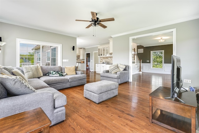 7 Viola Ct, Wappingers Falls, NY 12590 - living room featuring stairs, ornamental molding, a ceiling fan, and wood finished floors