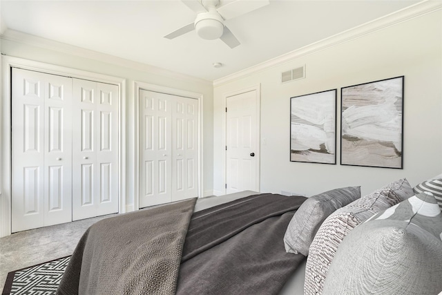 7 Viola Ct, Wappingers Falls, NY 12590 - bedroom with multiple closets, ornamental molding, carpet flooring, and a ceiling fan
