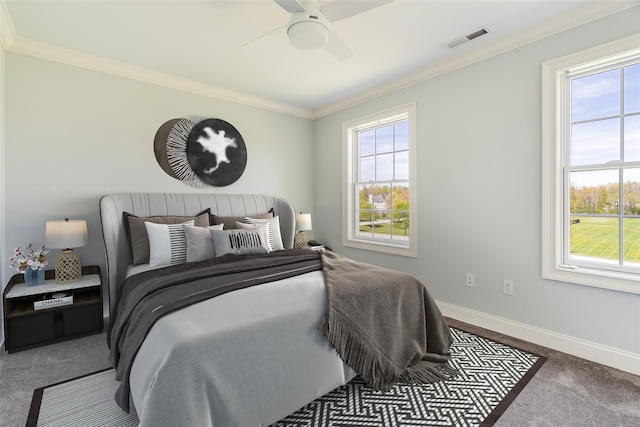 7 Viola Ct, Wappingers Falls, NY 12590 - carpeted bedroom featuring multiple windows, baseboards, crown molding, and ceiling fan