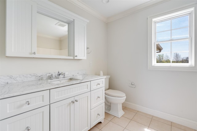 7 Viola Ct, Wappingers Falls, NY 12590 - bathroom featuring baseboards, tile patterned floors, vanity, ornamental molding, and toilet