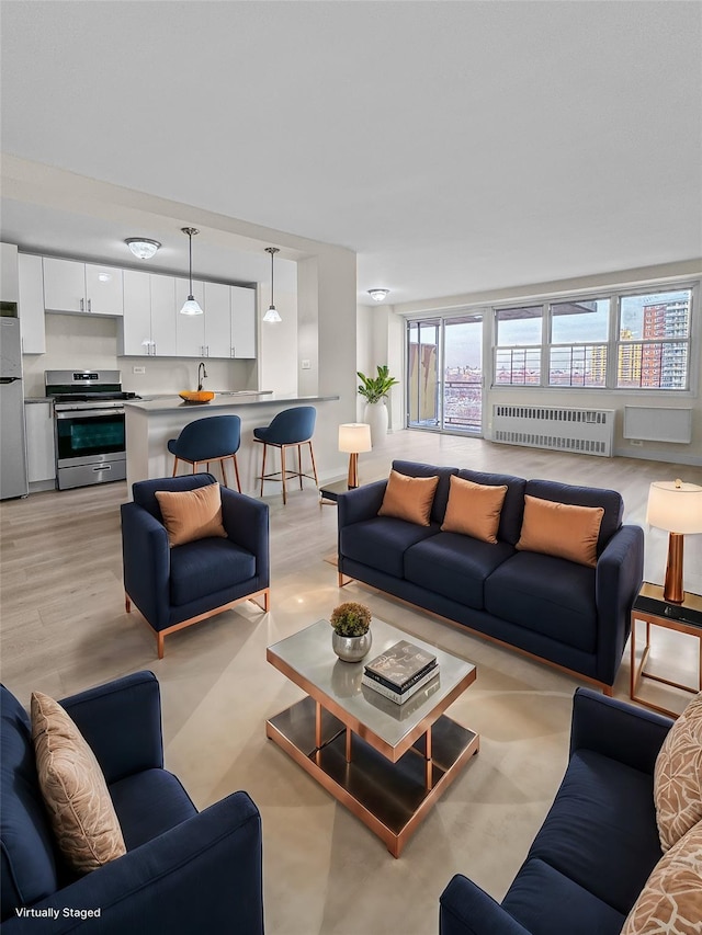 living area featuring light wood-type flooring and radiator heating unit