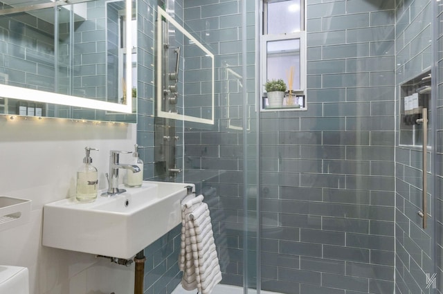 bathroom featuring a shower stall, toilet, and a sink