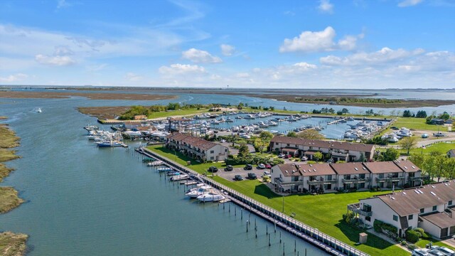 aerial view of a marina and a nearby body of water