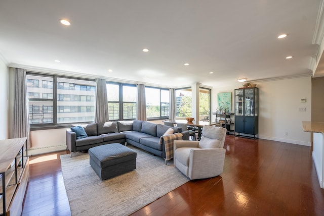 living area featuring ornamental molding, baseboard heating, dark wood-style flooring, baseboards, and recessed lighting