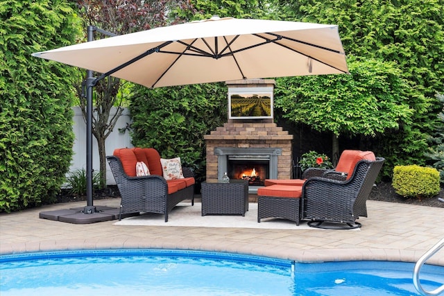 7 Moreland Ct, Mount Sinai, NY 11766 - outdoor pool featuring a patio area and an outdoor living space with a fireplace