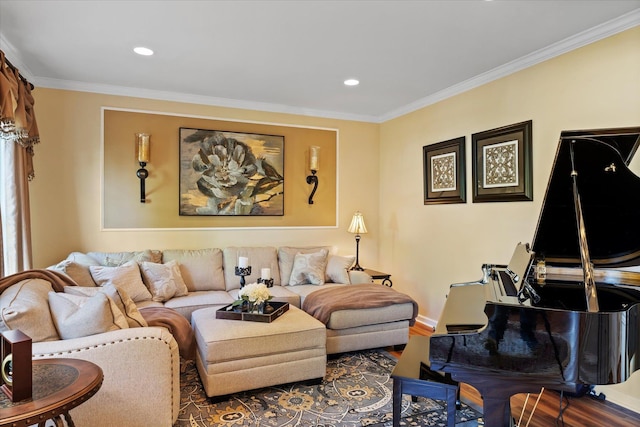 7 Moreland Ct, Mount Sinai, NY 11766 - living area with ornamental molding, wood finished floors, recessed lighting, and baseboards