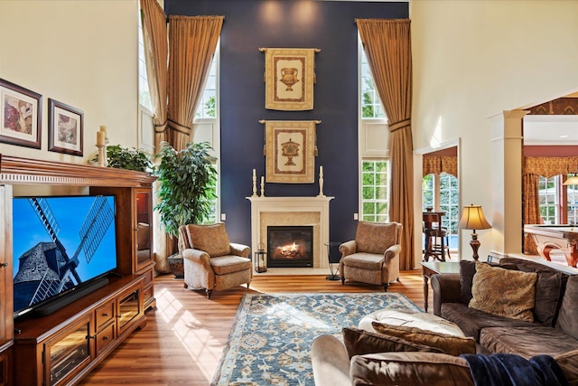 7 Moreland Ct, Mount Sinai, NY 11766 - living area with a towering ceiling, a glass covered fireplace, plenty of natural light, and wood finished floors