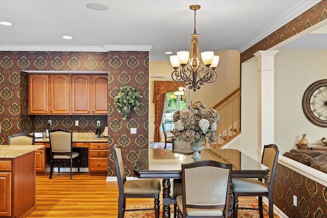 7 Moreland Ct, Mount Sinai, NY 11766 - dining space featuring light wood-style flooring, stairs, a chandelier, crown molding, and recessed lighting
