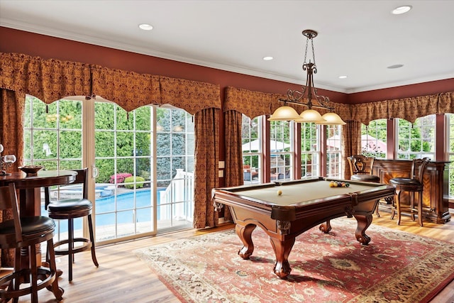 7 Moreland Ct, Mount Sinai, NY 11766 - game room featuring billiards, healthy amount of natural light, light wood-style flooring, crown molding, and recessed lighting