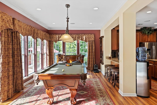 7 Moreland Ct, Mount Sinai, NY 11766 - game room with pool table, light wood-style flooring, crown molding, baseboards, and recessed lighting