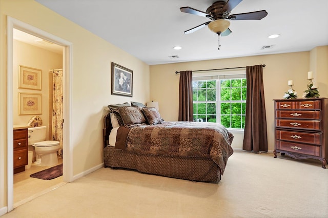 7 Moreland Ct, Mount Sinai, NY 11766 - bedroom with light carpet, baseboards, ensuite bathroom, recessed lighting, and ceiling fan