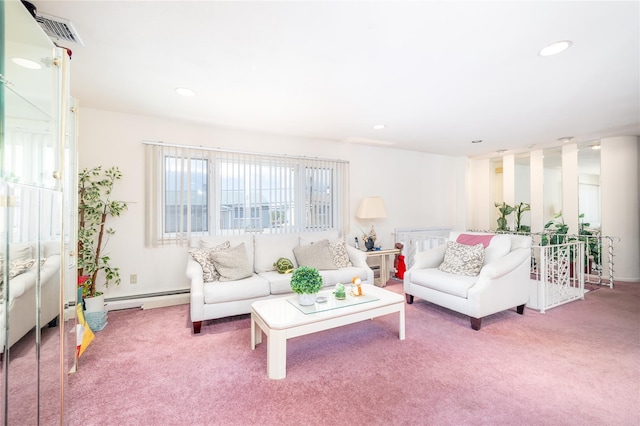 585 Nassau Ave, Freeport, NY 11520 - living room featuring a baseboard radiator, carpet, and recessed lighting