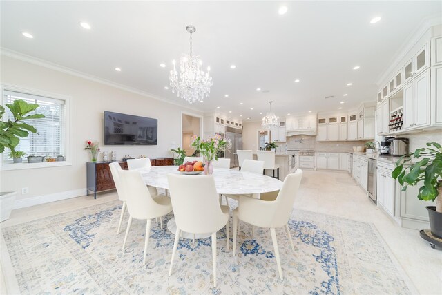 dining space featuring a chandelier, recessed lighting, crown molding, and baseboards