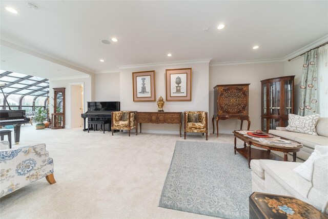 living area with crown molding, light carpet, recessed lighting, and baseboards