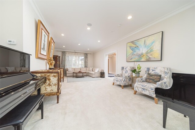 living area featuring crown molding, light carpet, and recessed lighting