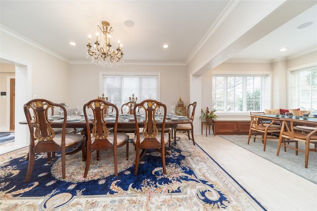 dining room featuring a chandelier, crown molding, and recessed lighting