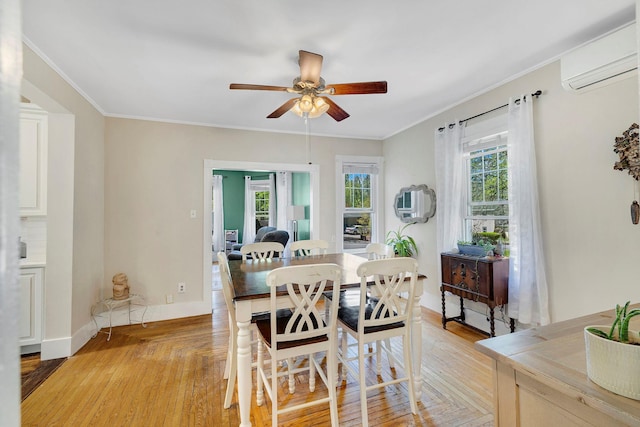80 Hill St, Walden, NY 12586 - dining area featuring a ceiling fan, ornamental molding, light wood-style flooring, and a wall mounted AC