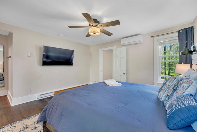 80 Hill St, Walden, NY 12586 - bedroom featuring a baseboard radiator, a wall unit AC, baseboards, ceiling fan, and hardwood / wood-style floors