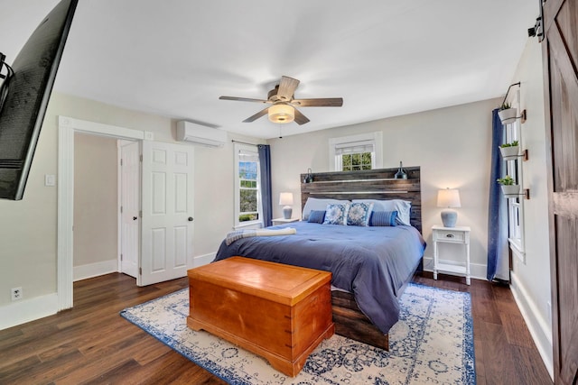 80 Hill St, Walden, NY 12586 - bedroom featuring baseboards, a ceiling fan, a wall mounted AC, and wood finished floors