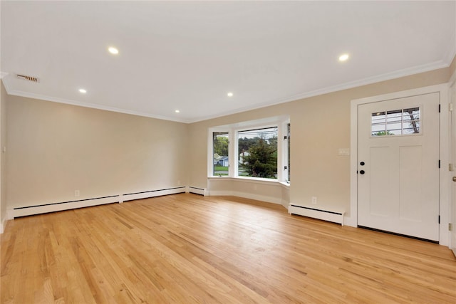 foyer entrance with baseboard heating, crown molding, light wood-type flooring, recessed lighting, and baseboards