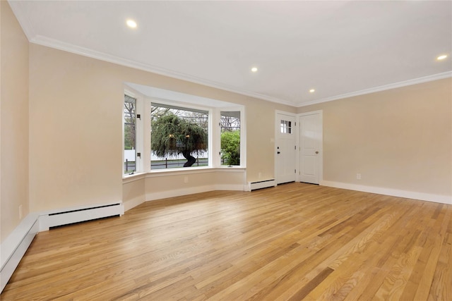 empty room with ornamental molding, a baseboard radiator, light wood-type flooring, recessed lighting, and baseboards