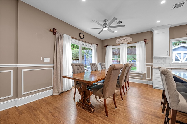 dining area featuring light wood-style flooring, ceiling fan, and recessed lighting