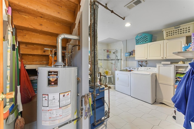 laundry room with cabinet space, washer and clothes dryer, water heater, recessed lighting, and a heating unit