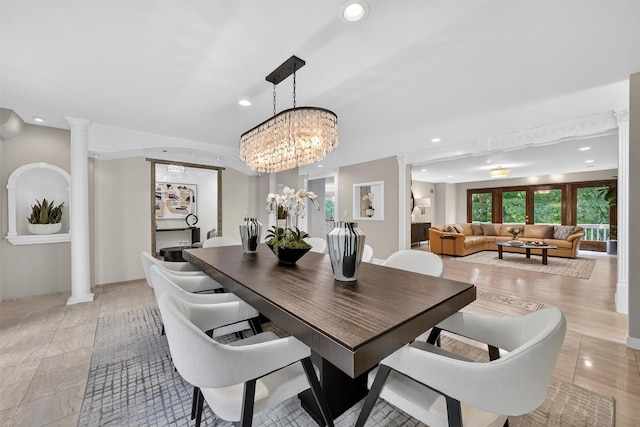 65 Round Hill Rd, Armonk, NY 10504 - dining area featuring recessed lighting, ornate columns, and a chandelier