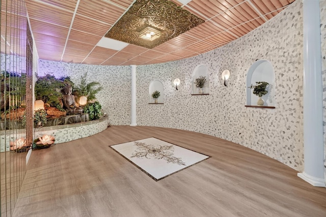 65 Round Hill Rd, Armonk, NY 10504 - interior space featuring wallpapered walls and wood ceiling