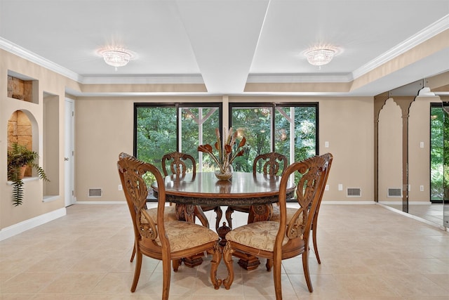 65 Round Hill Rd, Armonk, NY 10504 - dining room featuring light tile patterned floors, a tray ceiling, and crown molding