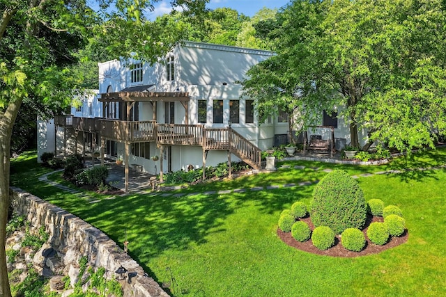 65 Round Hill Rd, Armonk, NY 10504 - back of house featuring a pergola, stairway, a wooden deck, and a yard