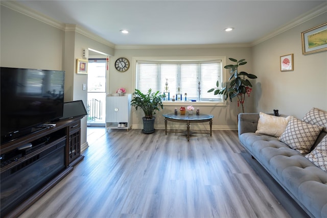 living area with wood finished floors, baseboards, ornamental molding, and recessed lighting