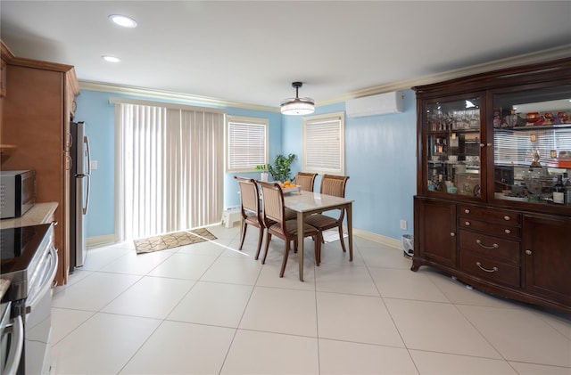 dining room featuring baseboards, ornamental molding, recessed lighting, and an AC wall unit