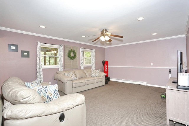 living area with baseboard heating, a ceiling fan, carpet, recessed lighting, and crown molding