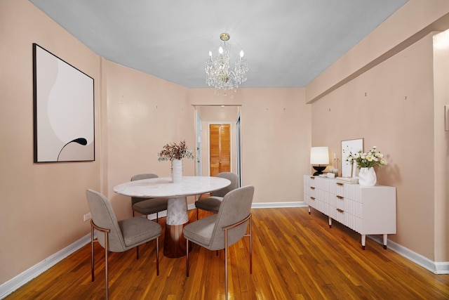 dining area featuring a chandelier, wood finished floors, and baseboards