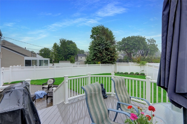 deck featuring a yard and a fenced backyard