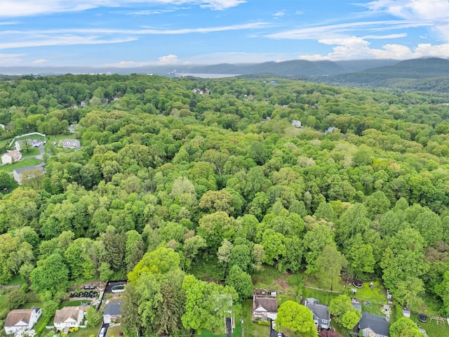 bird's eye view of a heavily wooded area and a mountainous background
