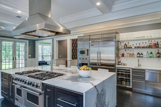 2 Short Path, Nissequogue, NY 11780 - kitchen with built in appliances, wine cooler, a sink, crown molding, and island range hood