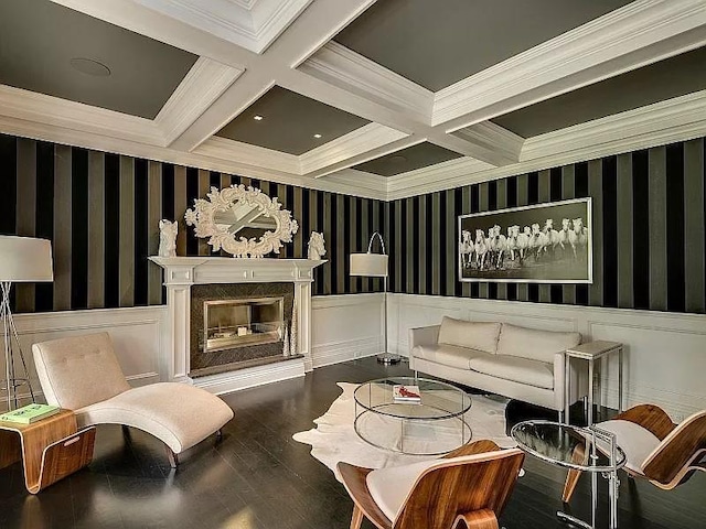 2 Short Path, Nissequogue, NY 11780 - living area featuring crown molding, beam ceiling, a wainscoted wall, and coffered ceiling