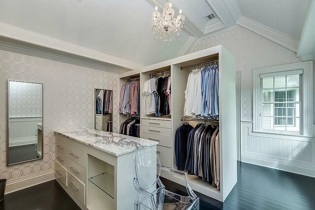 2 Short Path, Nissequogue, NY 11780 - spacious closet featuring a chandelier, lofted ceiling, visible vents, and dark wood finished floors