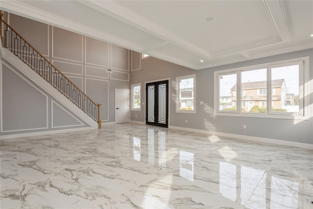 entrance foyer featuring baseboards, stairs, beamed ceiling, and marble finish floor