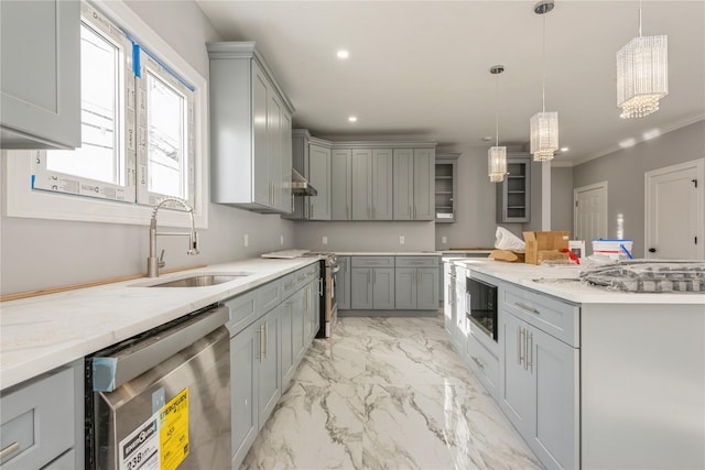 kitchen with marble finish floor, a sink, appliances with stainless steel finishes, and gray cabinets