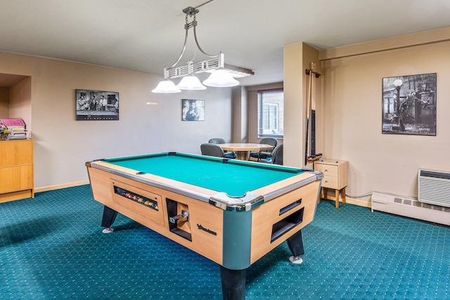playroom featuring baseboards, carpet flooring, baseboard heating, and billiards