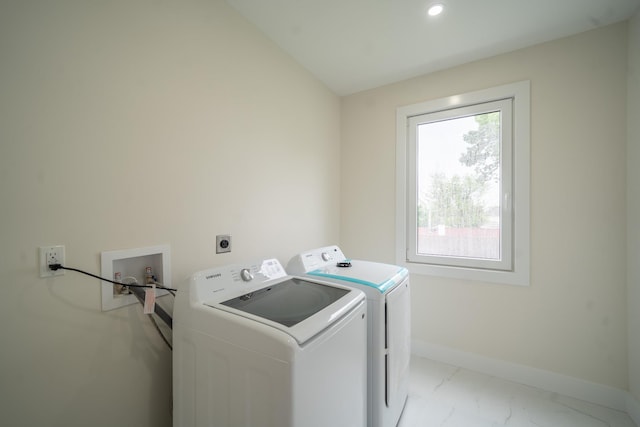 396 Argyle Rd, East Meadow, NY 11554 - laundry room featuring washing machine and clothes dryer, light marble finish floors, baseboards, and recessed lighting