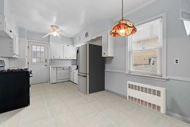 56 W Beech St, Long Beach, NY 11561 - kitchen featuring radiator, freestanding refrigerator, a ceiling fan, white dishwasher, and range with gas cooktop
