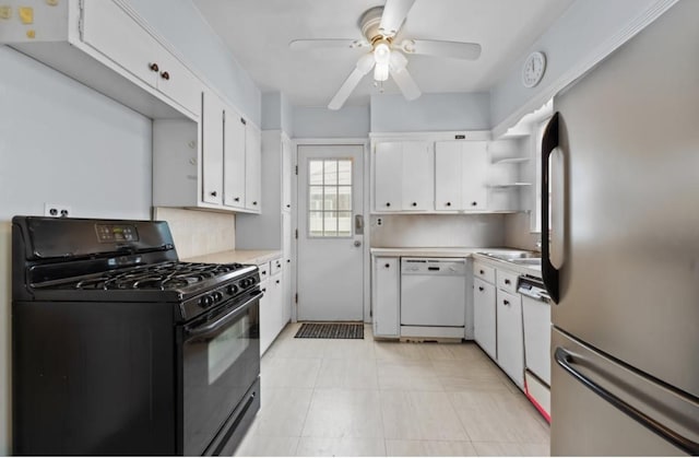 56 W Beech St, Long Beach, NY 11561 - kitchen featuring black gas range oven, a ceiling fan, freestanding refrigerator, light countertops, and white dishwasher