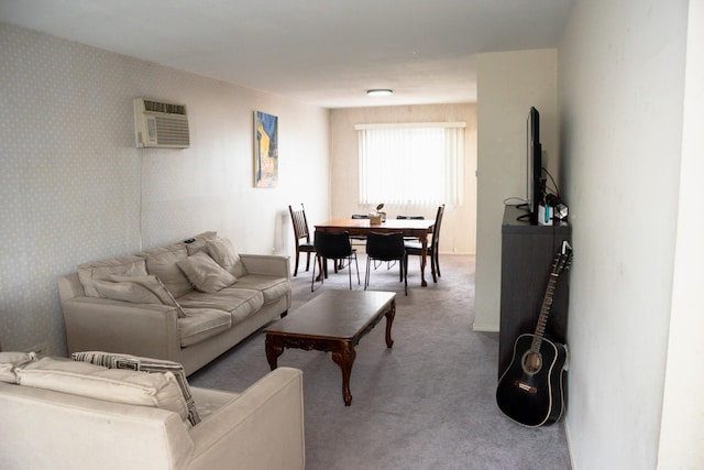 carpeted living room with a wall mounted AC