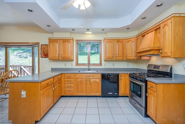 253 W Main St, Stony Point, NY 10980 - kitchen with dishwasher, custom exhaust hood, gas range, a raised ceiling, and a peninsula